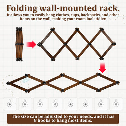 Lyksgir 4 Pcs Accordion Wall Hanger, Wooden Expandable Wall Mounted Hanger, Expandable Coat Rack, X Shape Coat Hooks for Hat, Coats, Coffee Mugs, Scarf, Including 40 Pegs with 8 Adhesive Hook (Brown)