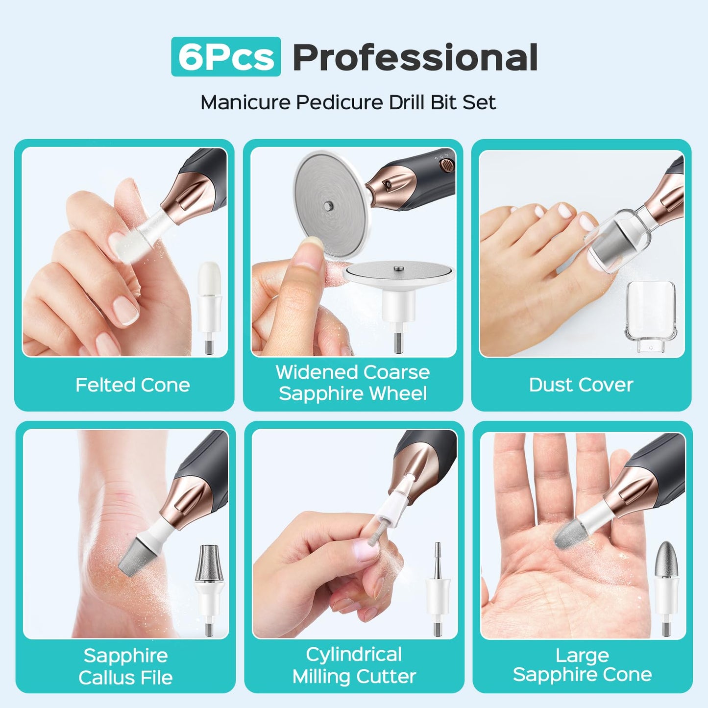 COSLUS Professional Manicure Pedicure Kit, 5-in-1 Electric Nail File for Toenail Hand Feet Care - Wider Grinder for Thick Nails, Cordless, 5 Speed, for Men Women Seniors Home Salon, White, C43(END10)