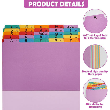 2 Set A-Z Alphabetic and Number Top Label Files, Legal Size, 50 Sheets File Dividers 1/5 Cut Label File Cabinet Dividers Desk Organizer for Office, Home and School (Rainbow)