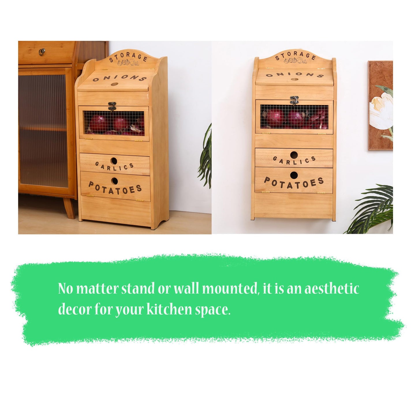 Potato Bin Veggie Organizer Rustic Pine Wood Potato, Onion & Garlic Storage Bin | Kitchen Organizer | Solid Wood Veggie Box | Compact Kitchen Box (13.77" L x 7.1" W x 29.3" H)