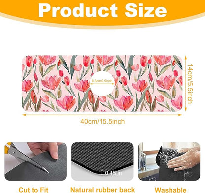 2 Pack Watercolor Tulips Sink Faucet Absorbing Mat Pink Tulips Super Absorbent