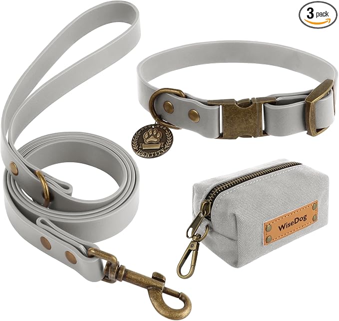 Wisedog Waterproof Dog Collar and Leash Set, XL, Grey | Adjustable Puppy Collar, Cute Tag, 6FT Dog Leash, Poop Bag Included, For Small Medium Large Dogs