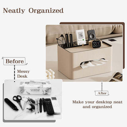 KINGFOM Leather Tissue Box Cover with Storage Tray, Decorative Tissue Box Holder Organizer for Office Desk, Bedroom & Nightstand, Remote Control Holder for Perfume, Watch, Glasses, Pens (Mocha Beige)