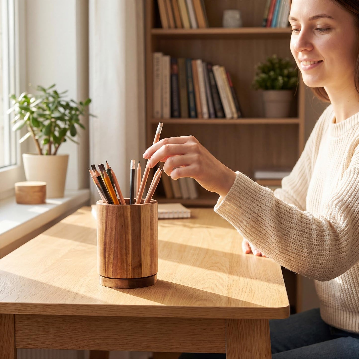ForraFun 360° Rotating Pen & Pencil Holders Accessories Acacia Wood Desktop Pencil Holder Containers Farmhouse Stationery Organizer Stand for Office Table Desk Accessory