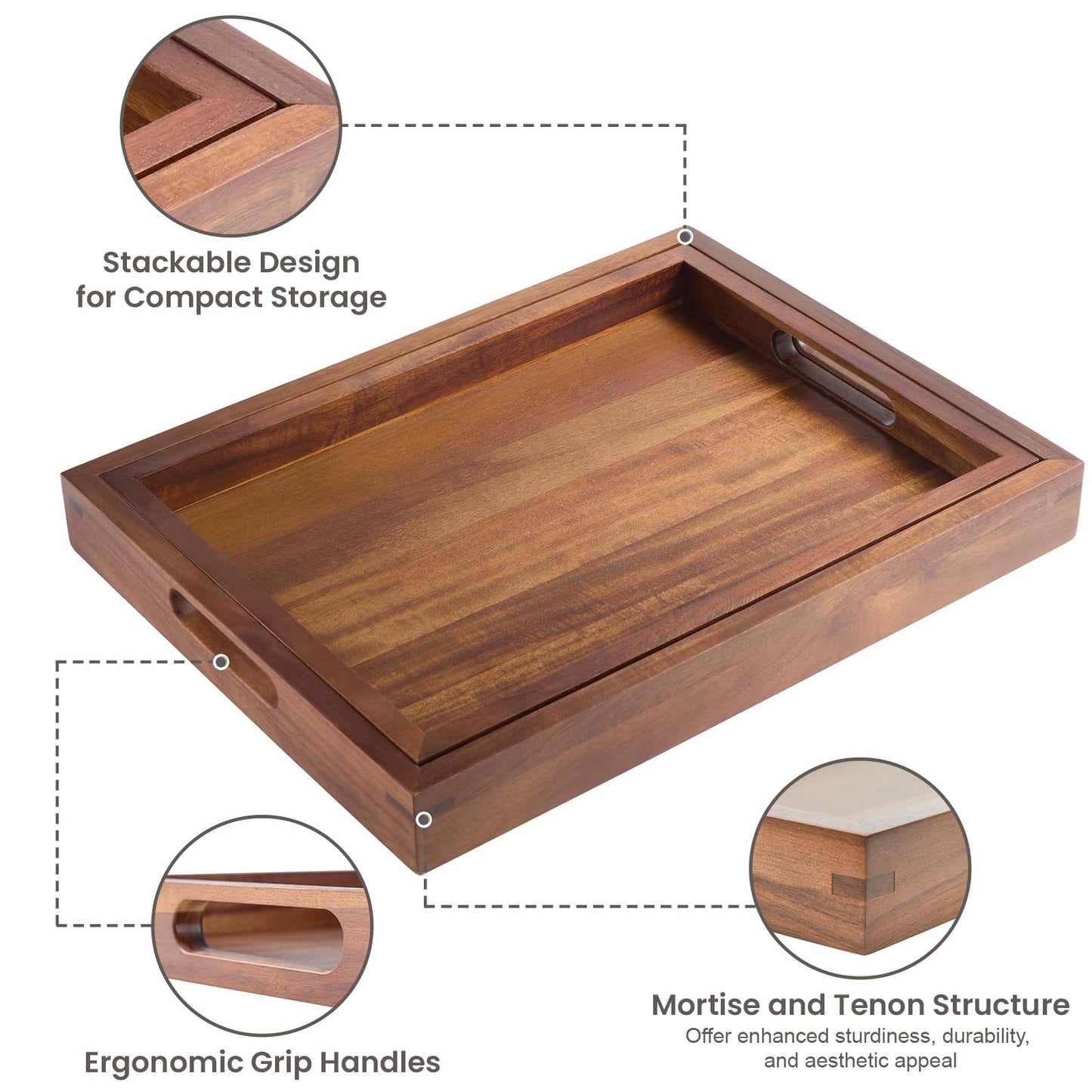 Acacia Wood Serving Trays Set of 2, 17x13 & 16x12 inch Rectangular Ottoman Trays, Decorative Wooden Trays with Handles for Food, Coffee, Tea, Living Room, Kitchen(2 Pack, Brown, 17"+16")