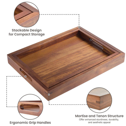 Acacia Wood Serving Trays Set of 2, 17x13 & 16x12 inch Rectangular Ottoman Trays, Decorative Wooden Trays with Handles for Food, Coffee, Tea, Living Room, Kitchen(2 Pack, Brown, 17"+16")