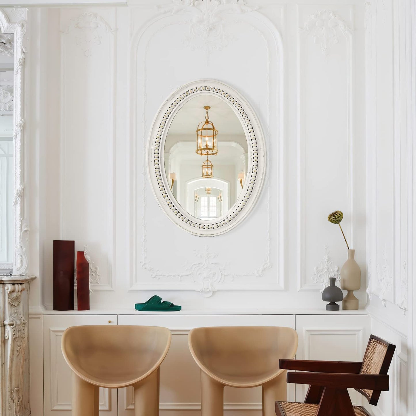 H HOMEWINS Oval Mirrors for Wall,20x30 Oval Wooden Rustic Farmhouse White Beads Boho Decorative Mirror for Bedroom, Bathroom, Living Room,Vanity