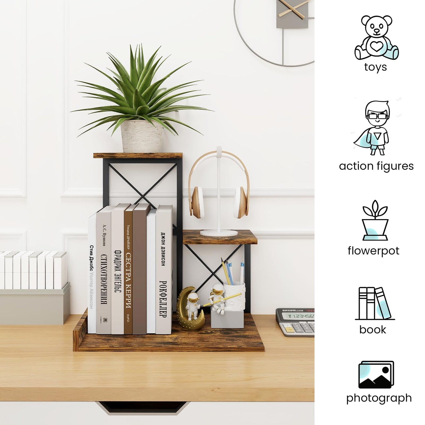 ELITEROO Wood Desktop Shelf, 3 Tier Desk Shelves + Printer Stand, Small Bookshelf Organizer, Printer Riser Stands, Office Storage Rack and Cubicle Organizers Accessories for Dorm Office Home, Brown