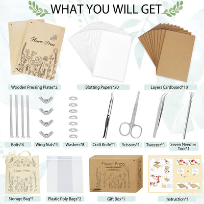 Dreamon Large Flower Press Kit - 11.8" x 8.3" 10 Layers DIY Wooden Flower Pressing Kit with Storage Bag Arts and Crafts Kits for Adults & Teens, Great Gift for DIY Arts and Crafts Lovers