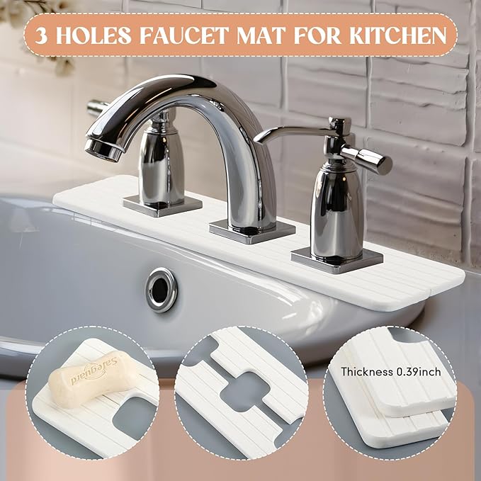 3 Square Hole White Faucet Mat for Kitchen Sink Bathroom 16.14" x 4.49" Kitchen