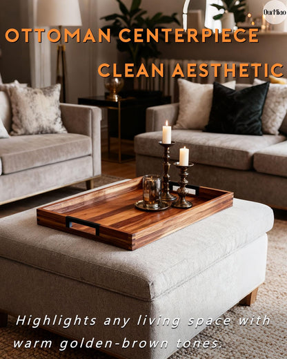 OurMiao 22 Inches Acacia Wood Serving Tray with Metal Handles, Extra Large Rectangular Wooden Ottoman Tray for Living Room, Coffee Table, Coffee Station, Kitchen & Hosting