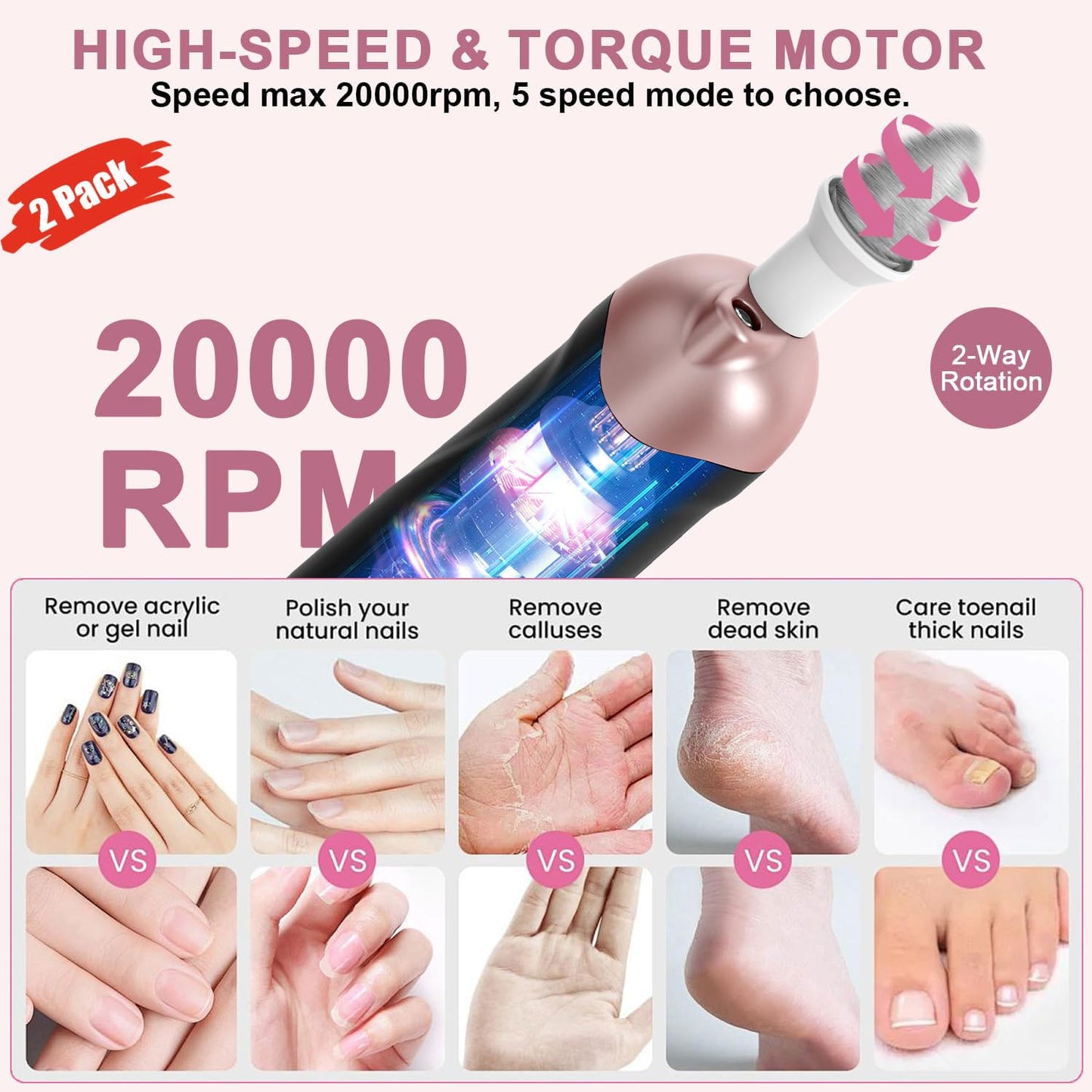 Professional Manicure Pedicure Kit, 9 in 1 Cordless Nail Drill with 100 pcs Nail Drill Bits Sanding Bands, Nail Grinder for Human, 5 Speeds, Nail Dremel Kit for Home and Salon Use
