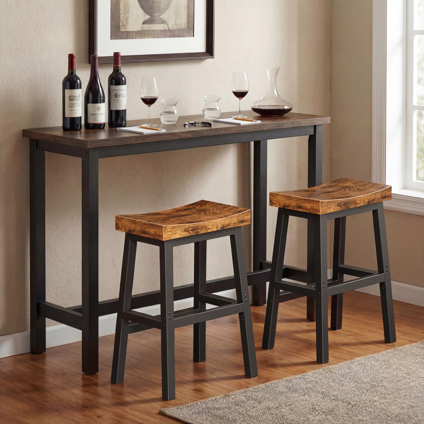 WINAZ Rustic Bar Stools, 24 Inch Barstools Set of 2, Counter Height Stool with Footrest, Wooden Stools for Kitchen Island, Heavy Duty Backless Chair for Dining Table Farmhouse Outdoor
