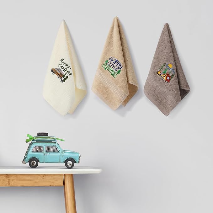 Kitchen 3 Pcs Camping Themed Hand Towels Embroidered Happy Camping Bathroom