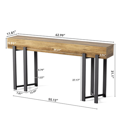 LITTLE TREE 63-Inch Console Table for Entryway, Industrial Behind Couch Table, Minimalist Sofa Table for Living Room, Rustic Brown Wooden Hallway Foyer Table with Black Metal Frame
