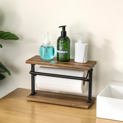 MyGift Premium Solid Acacia Wood Paper Towel Holder with Top Display Shelf and Matte Black Metal Frame, Freestanding Kitchen Countertop Disposable Roll Dispenser Storage Rack