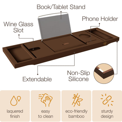 Bambüsi Bathtub Tray for Tub - Brown Bamboo Bath Tray, Expandable Wooden Bath Caddy Tray with Wine Holder, Book and Tablet Stand, Bathroom Accessories, Tub Table, Spa Bath Gifts for Women and Couples