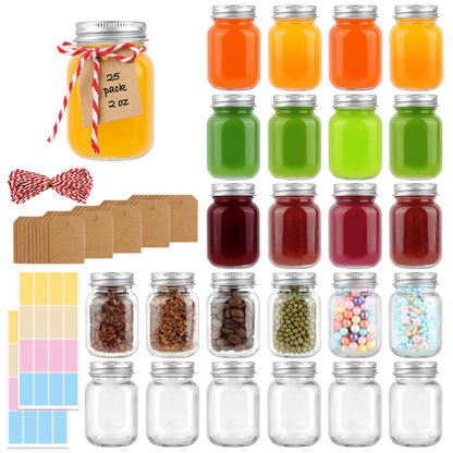 CARBLIN 25 Pack 2 oz Mason Jars with Silver Lids, Mini Glass Jar for Ginger Shots, Small Juice Shot Bottles with Caps, Container for Beverage Storage Candle Gifts Honey Jam Spices Party Favors