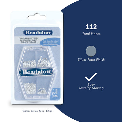 Beadalon Silver Plated Findings Variety Pack for Jewelry Making - 112 Pcs with Jump Rings, Spring Ring Clasps, Lobster Clasps in Convenient Storage for DIY Jewelry Repair and Design
