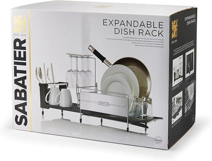 Sabatier Expandable Dish Drying Rack with Drainboard - Stainless Steel Dish Rack for Kitchen Counter, Stemware Holder and Utensil Caddy Included