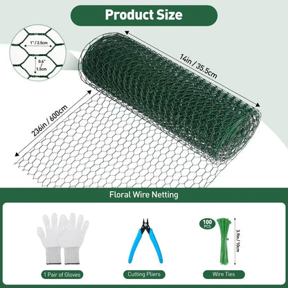 ROERLIEN 14 in×236 in Floral Wire Netting,Green Coated Floral Chicken Wire for Floral Arrangements,Garden Fencing,Protect Plant and Poultry,Decorate Flower Arch and DIY Craft. (14 in×236 in)