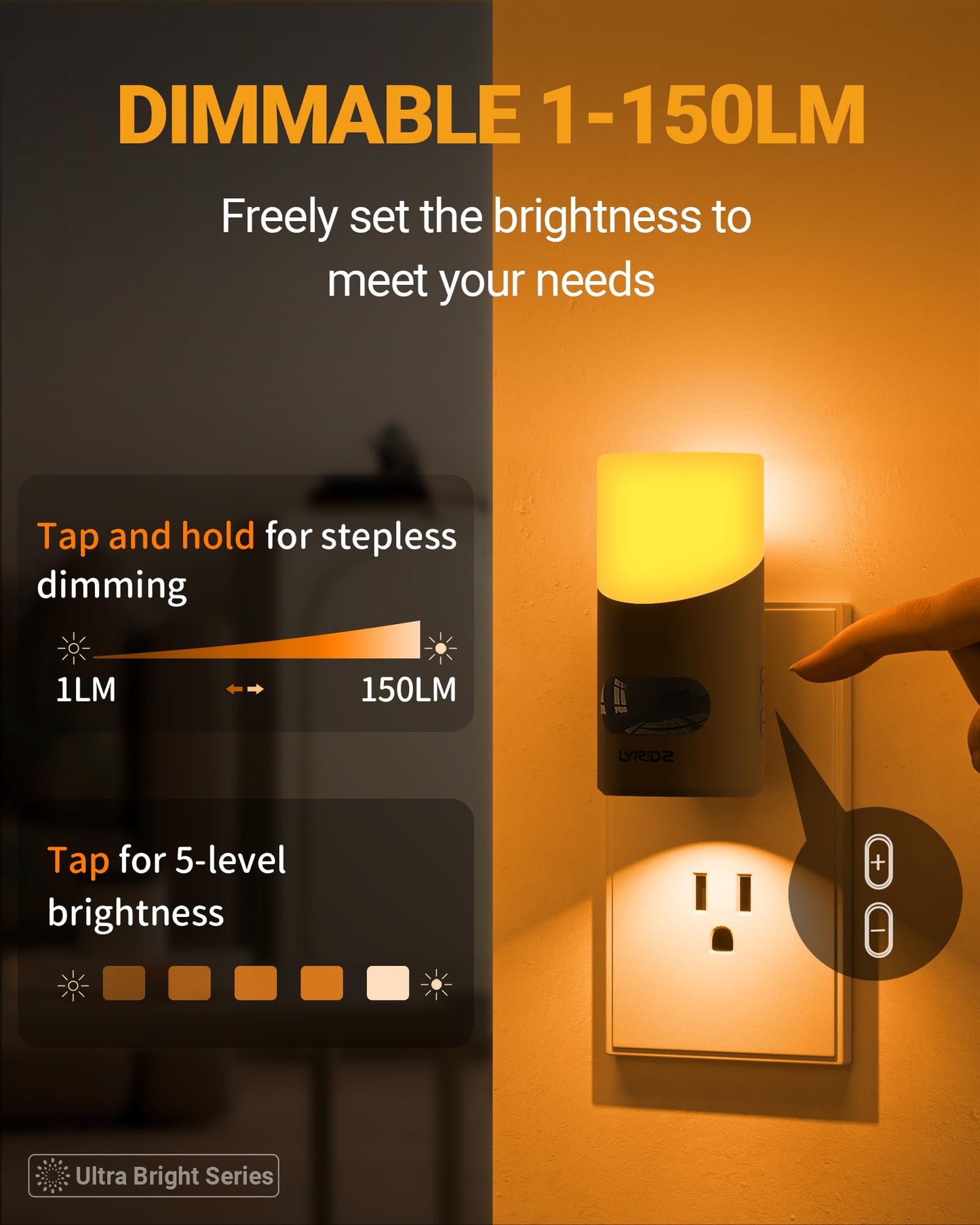Lyridz LED Night Lights Plug into Wall with Motion Sensor, 1-150LM Dimmable Plug-in Nightlight Indoor for Bedroom, Bathroom, Hallway, Stairs, Pet House, Toilet, 2 Pack