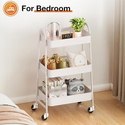 NEWBULIG 3-Tier Metal Rolling Storage Cart, Heavy Duty Mobile Utility Organizer Shelf with Lockable Wheels, Multifunctional Trolley for Daily Supplies, Home Indoor Daily Use, White