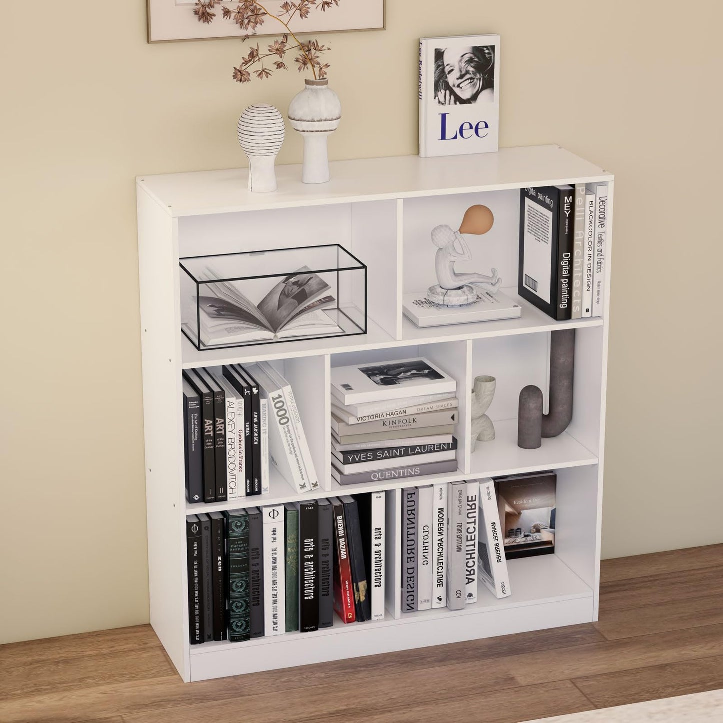 NewBeth 7-Cube Wooden Bookcase,3-Tier Freestanding Storage Cubes with Base,Multi-Purpose Open Shelving for Books,Toys,Bins,Decor – Home Office,Bedroom,Living Room Organizer (White, 7-Cube)