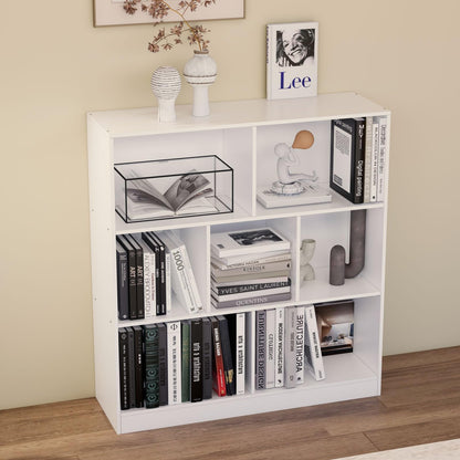 NewBeth 7-Cube Wooden Bookcase,3-Tier Freestanding Storage Cubes with Base,Multi-Purpose Open Shelving for Books,Toys,Bins,Decor – Home Office,Bedroom,Living Room Organizer (White, 7-Cube)