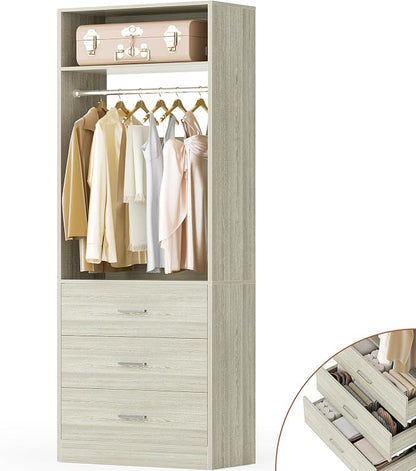 Besiost Freestanding 2FT Closet System with 3 Wood Drawers, 24" Closet Organizer System with Hanging Rod & Shelves, Walk-in Closet Systems for Small Closet, White Oak (24"L*15"W*80"H)