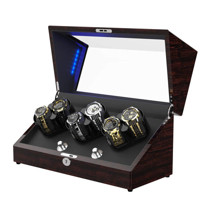 Watch Winder, for Rolex Automatic Watches with Soft and Flexible Watch Pillows, Wooden Shell, Powered by Japanese Motor, Built-in Blue LED Illuminated(Triple Tree) (Pine Bark Pattern)