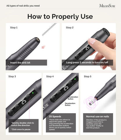 MelodySusie Electric Nail Drill,Cordless Nail File for Acrylic Gel Nails,PC180G 25,000RPM Professional Portable Nail Efile Manicure Pedicure Polishing Tool with Nail Drill Bits,Sanding Bands
