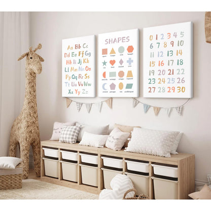 Kids Playroom Wall Art Decor Nursery ABC Alphabet Poster Play Room Canvas Wall Decor Toddler Childrens Educational Artwork Numbers Shapes Prints ABC Picture for Playroom 12x16 Inch Ready to Hang 3Pcs
