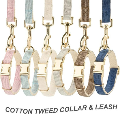 Luxury Soft Cotton Tweed Fabric Dog Collar & Leash Set with Gold Buckle – Durable Fabric, Stylish Design for Everyday Walks(Medium Pink)