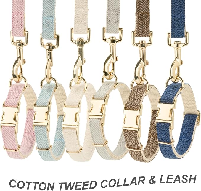Luxury Soft Cotton Tweed Fabric Dog Collar & Leash Set with Gold Buckle – Durable Fabric, Stylish Design for Everyday Walks(Large Coffee)