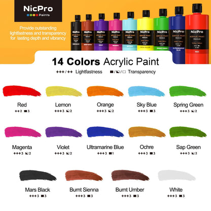 Nicpro 14 Colors Large Bulk Acrylic Paint Set (16.9 oz,500 ml) Rich Art Painting Supplies, Non Toxic for Multi Surface Rock Canvas Wood Ceramic Leather Fabric Craft, for Adult with Color Wheel