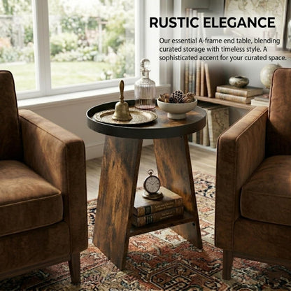 ZEXVIDA Round End Table with Tray Top, 2-Tier Rustic Side Table with Storage Shelf, Modern Farmhouse Industrial Wood Nightstand for Living Room, Bedroom, Small Spaces (Rustic Brown)