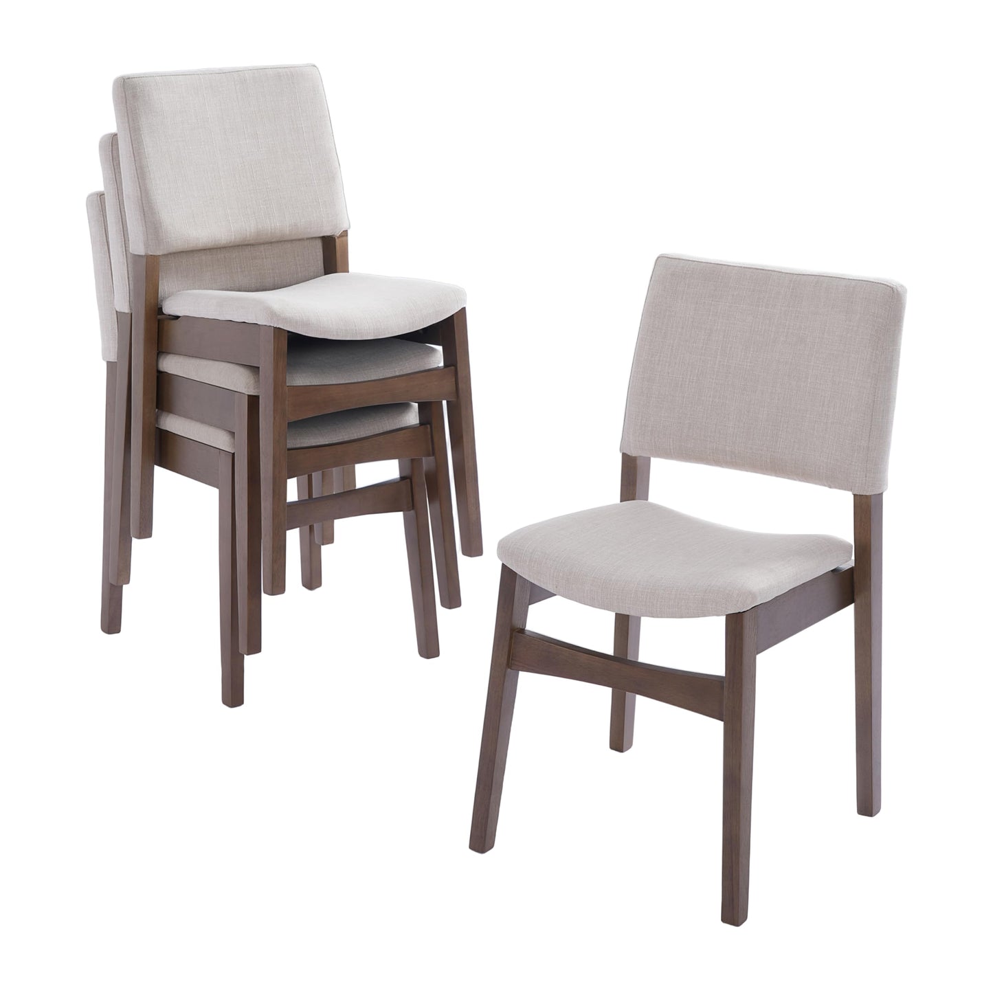 Upholstered Stackable Dining Chairs Set of 2 Linen Fabric Seat Backrest, Solid Wood Frame, Rustic Kitchen Chairs for Dining Room, Living Room, Dark Walnut BM21