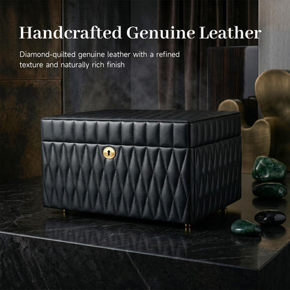 Homruilink Genuine Leather Jewelry Box - 3 Layer Large Jewelry Organizer with Mirror, Lockable Jewelry Box for Women - Necklace, Ring, Earring Organizer with Drawer - Fathers Day Gift (Black)