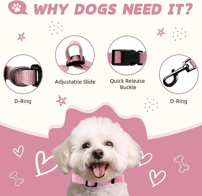 Pink Dog Collar and Leash Set for Medium Size Dog, Breathable, Anti-Odor & Soft, Comfortable for Sensitive Skin Puppies, 90% Bamboo Rayon, Adjustable Quick-Release Buckle Pet Collar for Medium Breeds