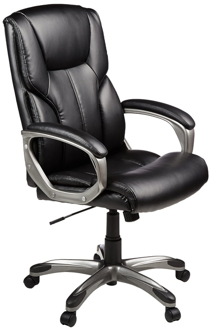 Amazon Basics Executive High Back Office Chair, Adjustable Height, Tilt, Swivel, Padded Seat, Bonded Leather, Wheels, Black/Silver