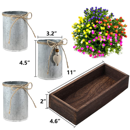 CALAVAK Decorative Centerpiece Wooden Tray with 3 Metal Potted Artificial Milan Flowers Rustic Country Farmhouse Décor for Dining Room, Living Room and Kitchen Table