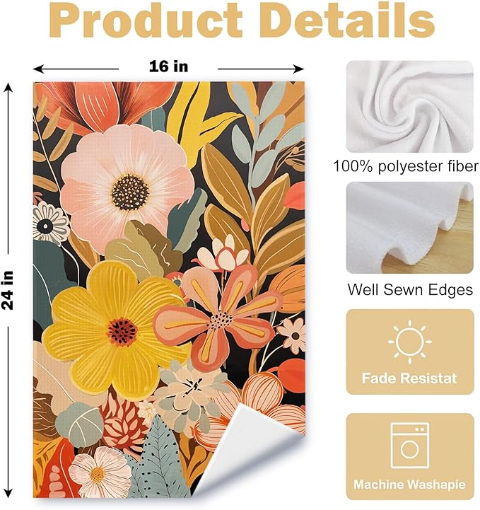 Abstract Boho Floral Kitchen Towels Set of 2, Maximalist Colorful Flower Hand