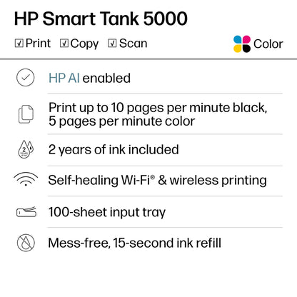 HP Smart Tank 5000 Wireless All-in-One Ink Tank Printer, Scanner, Copier with 2 Years of Ink Included, Best-for-Home, Cartridge-Free, Refillable, AI-Enabled, an EcoTank Alternative (5D1B6A)