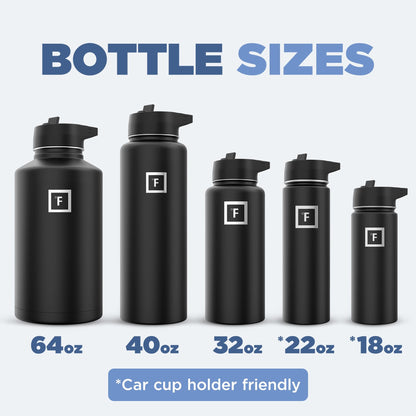 IRON °FLASK Camping & Hiking Hydration Flask with 3 Lids - Stainless Steel, Double Walled & Vacuum Insulated Water Bottle - Leak Proof & BPA Free (Midnight Black, Straw - 22 oz)
