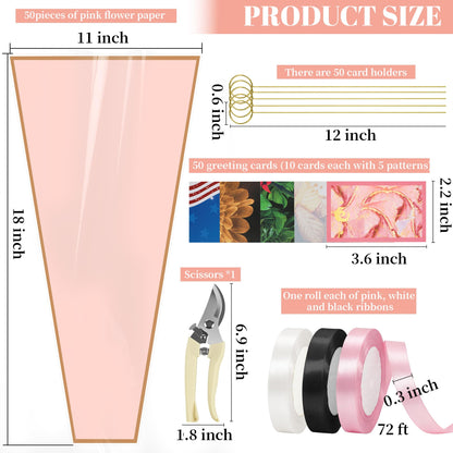 50 Sheets 18" x 11" Pink Flower Bouquet Wrapping Bags Plastic Paper Sleeves, Total 154Pcs RibbonsX3 Pruning ShearsX1 Card HolderX50 CardsX50 Floral Bouquets Bag for Flowers Bar Graduation Wedding