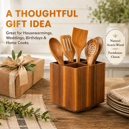LIGOMEDA Acacia Wood Rotating Utensil Holder for Kitchen Counter – 360° Large Wooden Organizer with 4 Compartments, Farmhouse Kitchen Countertop Storage for Cooking Utensils