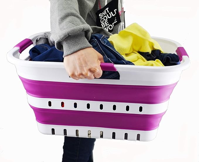 SAMMART 30L Collapsible 3 Handled Plastic Laundry Basket