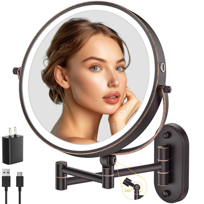 9" Wall Mounted Lighted Makeup Mirror,4000mAh Rechargeable Double Sided 1X/10X Magnifying Mirror with Light,3 Color Lights,Touch Dimmable,Extended Arm 360 Rotation Wall Mounted Makeup Mirror