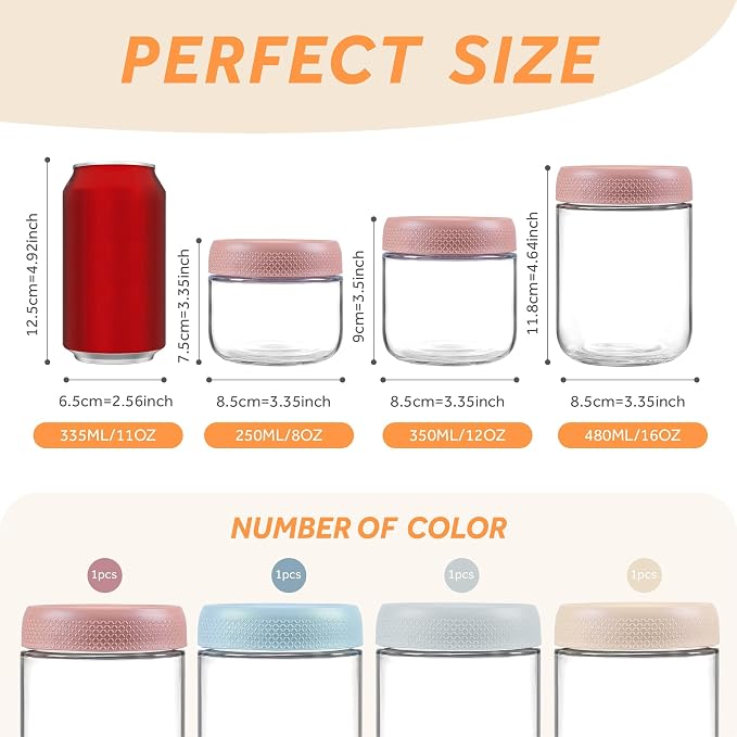 16 oz/480 ml Glass Storage Canister with Airtight Lid, 4 Pack Clear Overnight Oats Containers, Cute Decorative Mason Salad Jar for Snacks, Yogurt, Cereal, Fruit, Spice, Sugar, Coffee, Tea